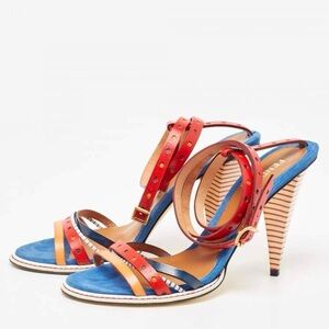 Fendi MultiColor MultiStrap Leather Wrap Around sandal kitten heals size 36.5